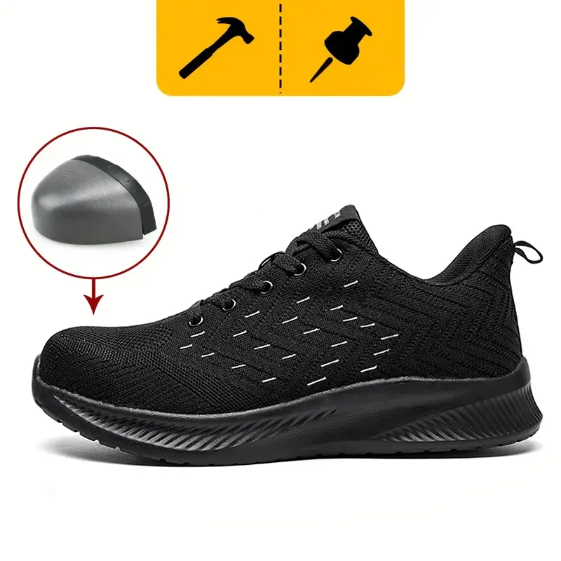 Unisex Steel Toe Sneakers - Closed Toe, Chic Minimalist, Anti-Slip, Breathable Mesh, Puncture-Resistant Work Shoes, Black-Grey Dot, for Construction Workers, Outdoor Use, Non Slip Shoes For Work, Polka Dot