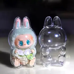 Clear Bunny-Shaped Hard Shell Display Case for Labubu Figures | Cute Transparent Protective Doll Cover | Portable Storage w/ Keyring | Fits 18cm Plush | Decorative Display Box for Collectibles | Secure Snap Closure | Lightweight & Durable