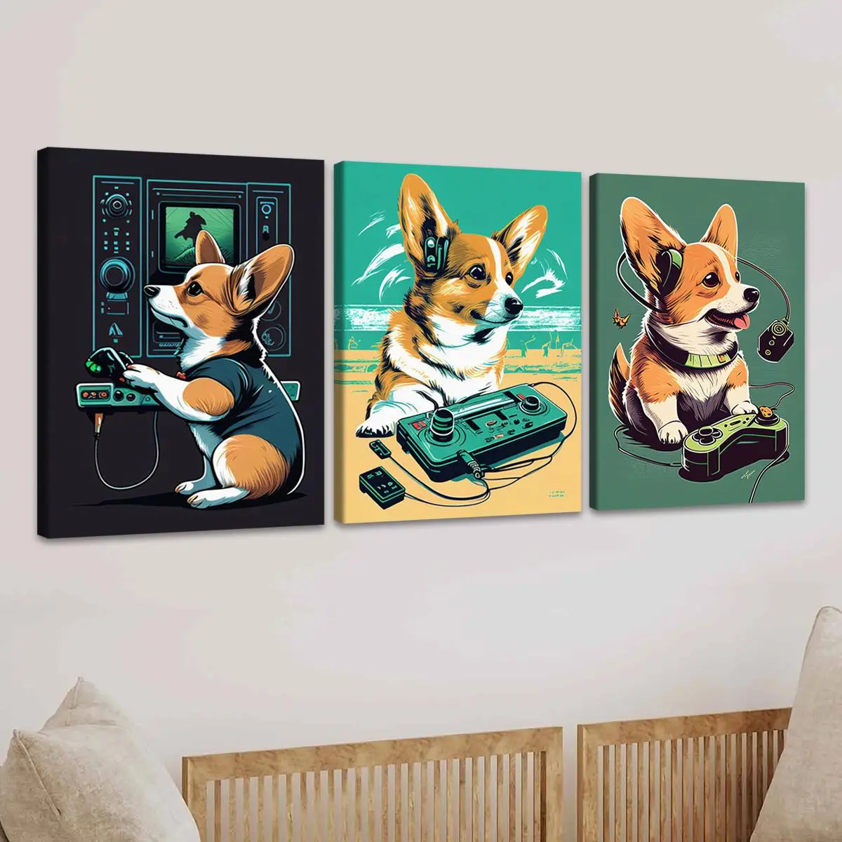 3 Counts Wooden Framed Canvas, Cute Corgis Playing Retro Video Games, Exquisite Poster, Perfect Living Room Decoration, Modern Art, Fashion Family Poster, Wall Art Decoration, Odorless, Waterproof, Artwork