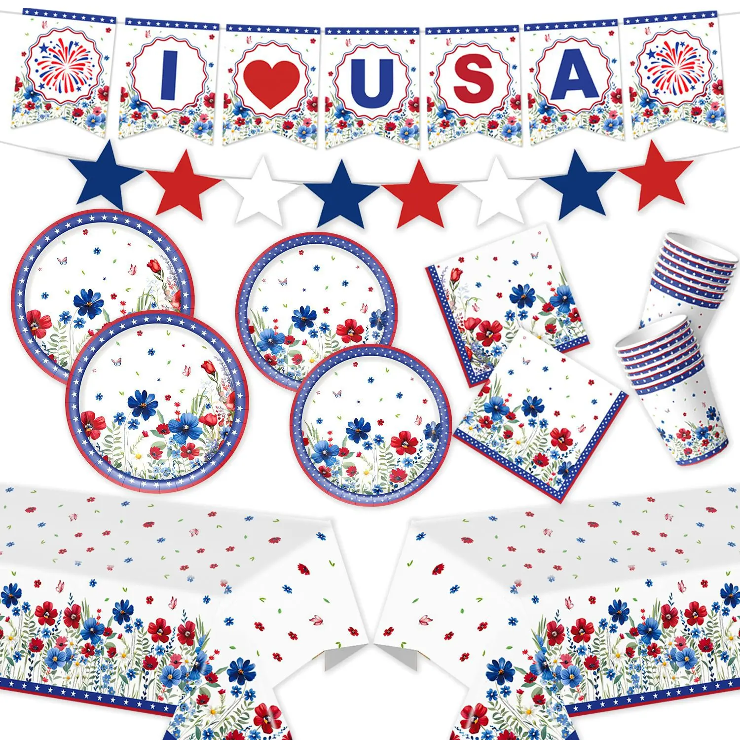 American Floral Independence Day Party Decor Set - Flowers, Disposable Paper Plates, Cups, Napkins, Tablecloth, Banner for Indoor-Outdoor Holiday Celebrations (DIY Bag Accessory Component), Set 1, Round Plates, No, Decoration
