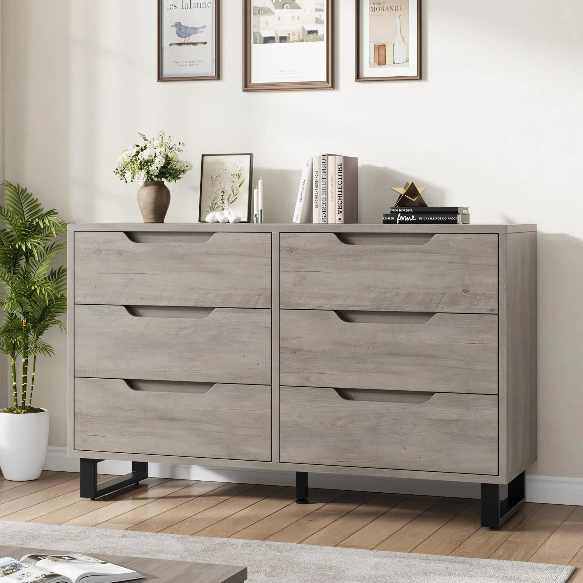 OP-6 Drawer Wooden Dresser for Bedroom - Adjustable Feet, Freestanding Vertical Storage, 47.2" Wide, Sturdy MDF Wood, Waterproof Top, Easy Assembly