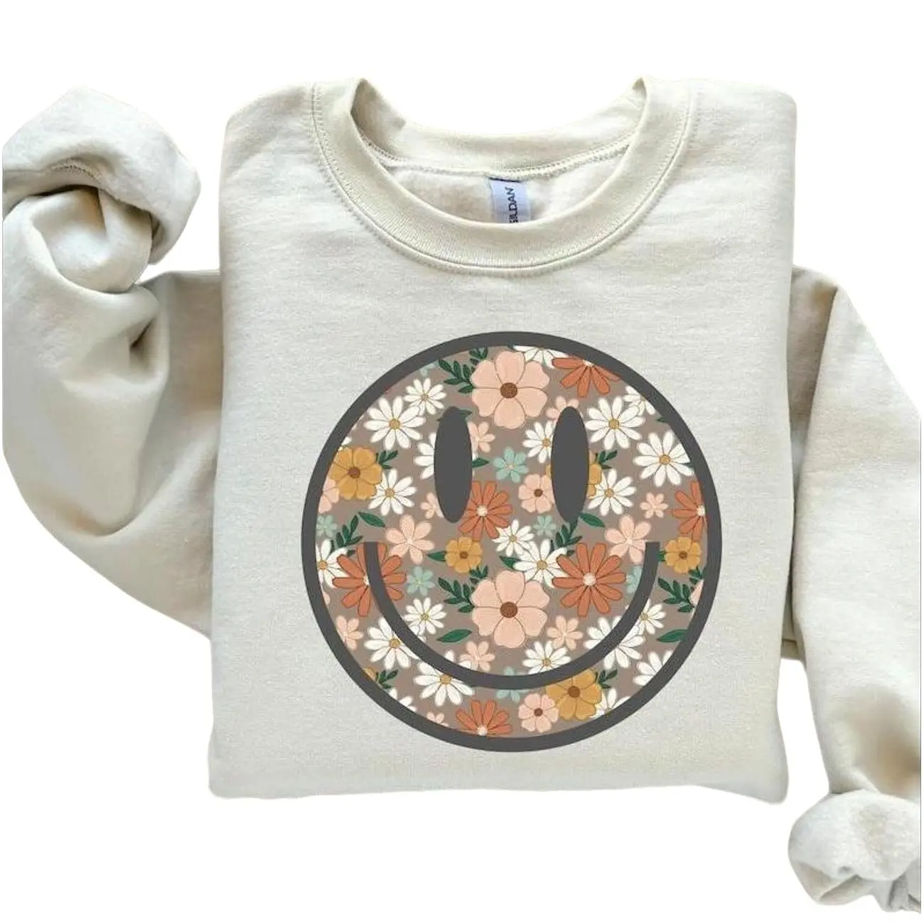 Smiling Face Sweatshirt/ T-Shirt, Happy Face Crewneck, Retro Floral Smiley Face Sweatshirt, Vintage Aesthetic Cute Flower Graphic Crewneck