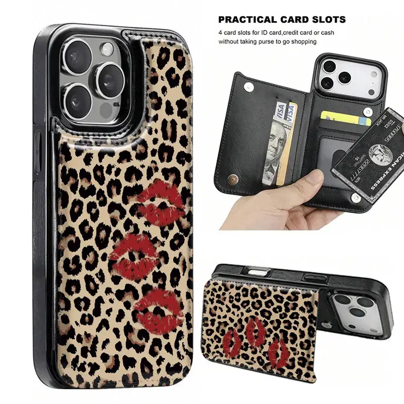 Phone Case - Red Lips with Leopard Print / Wallet Card Holder, Phone Case with Credit Card Slots for Iphone 17/17 Air, 16/15 Pro, 14/13 Pro, 12 Pro Max, 16 Plus