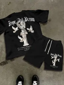 Men's Casual Angel Statue Print Set, Streetwear Oversized Loose Fit T-Shirt & Drawstring Shorts, Street Style Must-Have