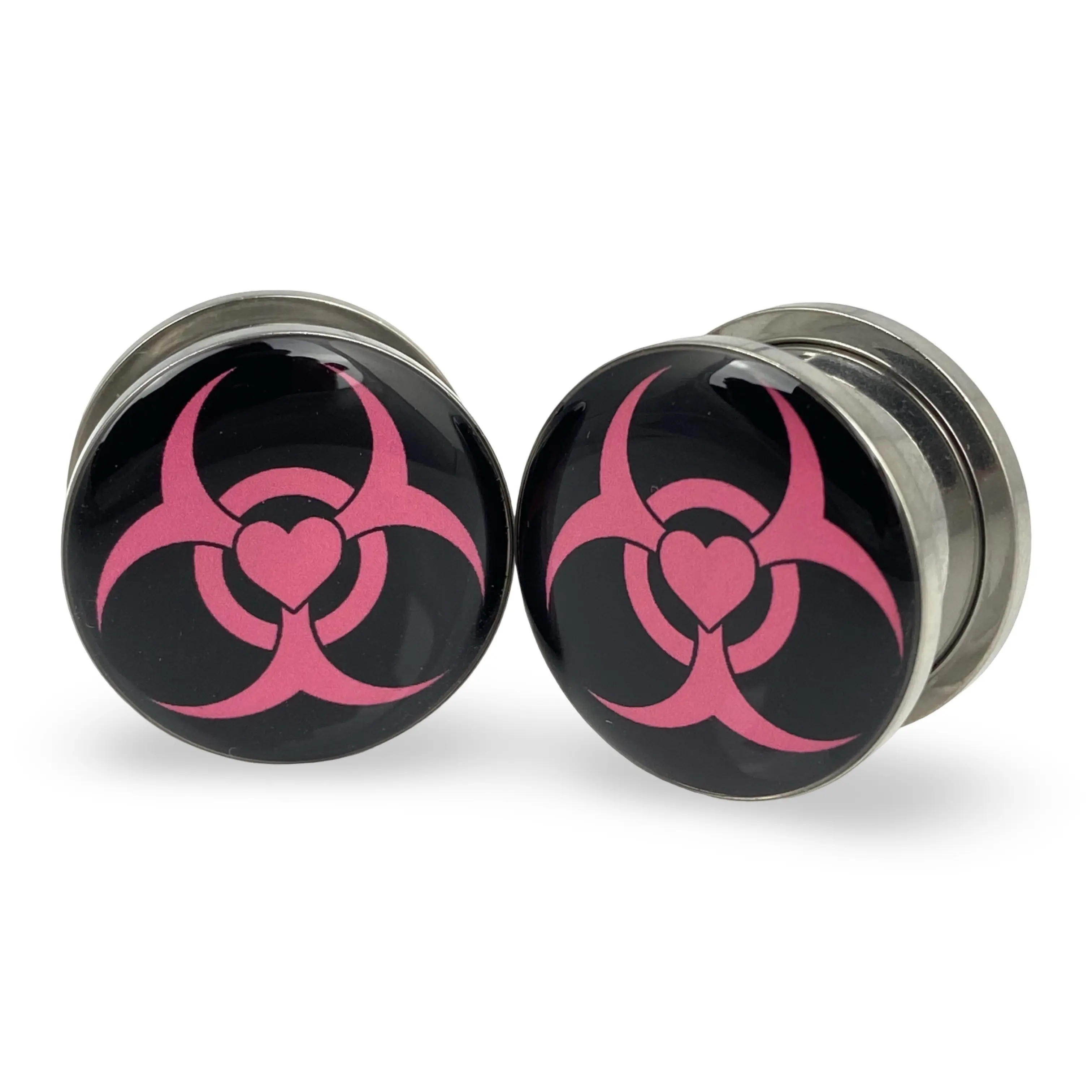 Pink Biohazard with Heart Picture Plugs gauges pair body jewelry