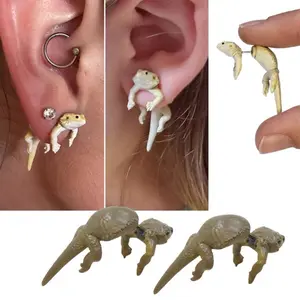 A pair of charming lizard earrings, unique female animal jewelry, realistic design with detailed scales and forked tongues, perfect for Halloween, unique jewelry, playful design, quirky earrings