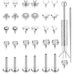 16G 18G Flat Back Stud Earrings for Women - Hypoallergenic Surgical Steel Internal Thread Stud Piercing Jewelry for Tragus Helix Cartilage Conch Nose 14K Gold Plated Lip Labret Medusa Piercing Silver