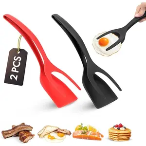 Spatula Tongs Set of 2 Non-Stick 2-in-1 Grip & Flip Kitchen Tongs for Pancakes Fish Eggs Heat Resistant Cooking Tool Black Red