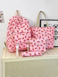 4pc  women's backpack solid color backpack cherry print fashionable and versatile casual trend suitable for students to go to school, campus, travel, shopping, multi-purpose women's backpack Stylish Casual Daypack Cute Stylish Daypacks