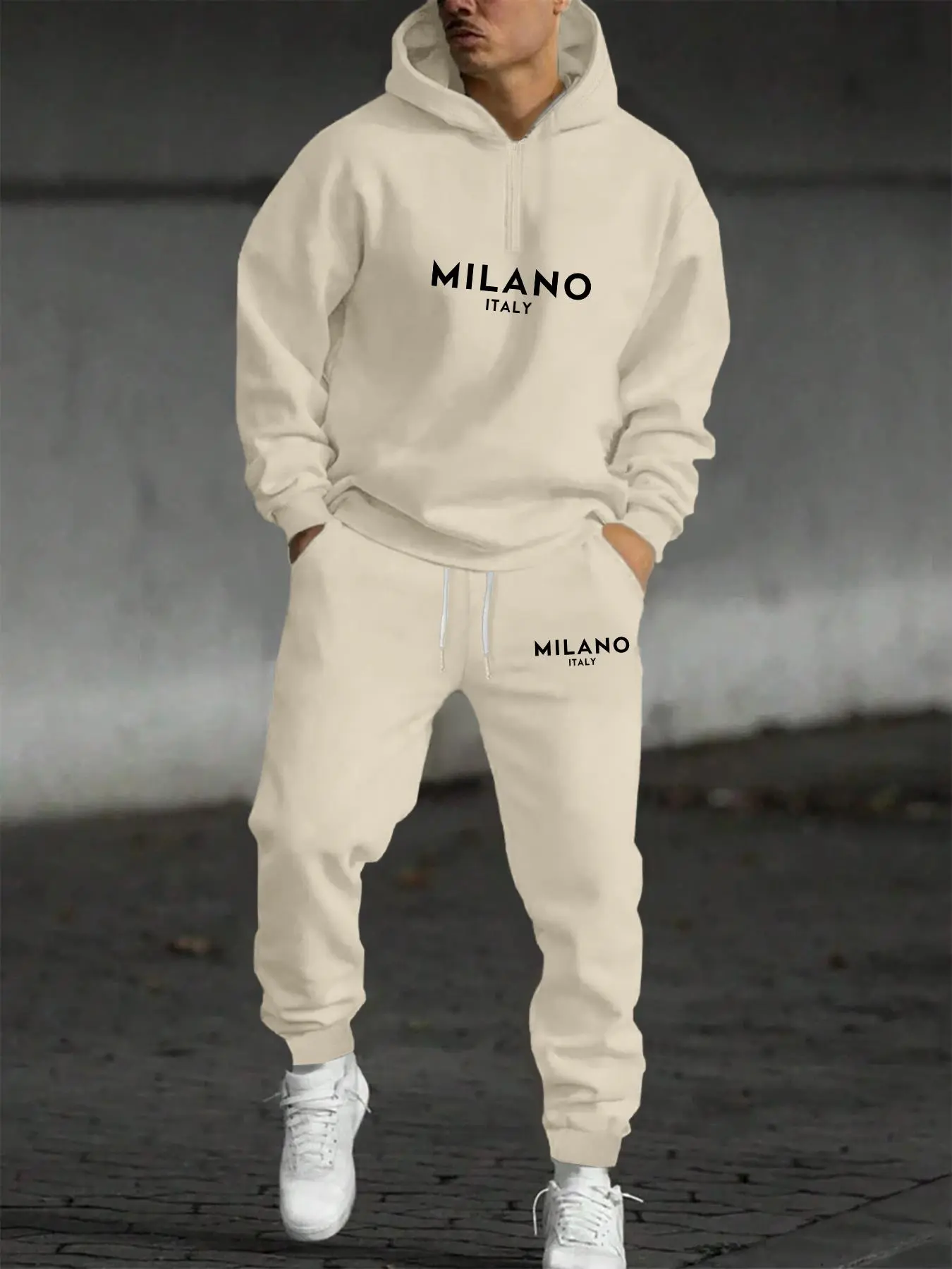 Men's Letter Print Half Zip Up Hooded Sweatshirt & Drawstring Waist Sweatpants Two-piece Set, Casual Drop Shoulder Long Sleeve Hoodie & Pocket Jogger Pants, Casual Sportswear Set, Casual Activewear Set