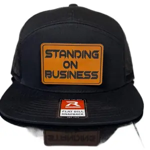Richardson Custom Leather Flat Bill Snapback Hat with Standing on Business Patch Black Mesh Cap for Men