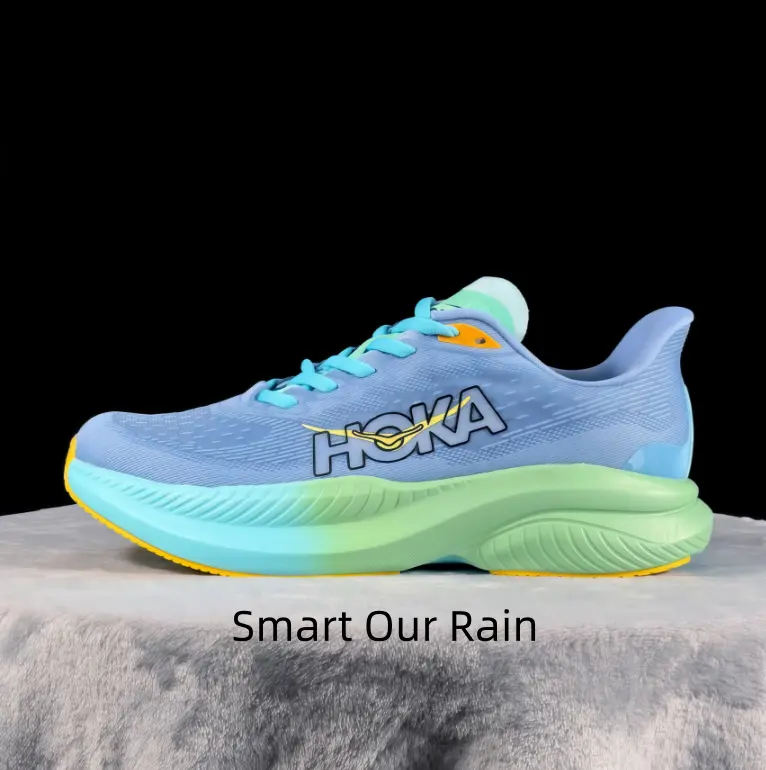 Light Sky Blue Mint Gradient Rocker Thick Cushion Running Sneakers, Breathable Perforated Knit Mesh Curved Wave Midsole Shock Absorbing Marathon Sport Shoes For Men Women