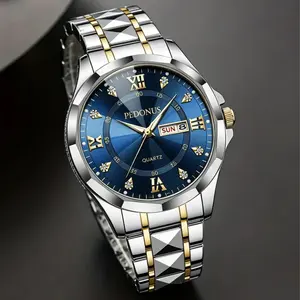 Men's Luminous Business Simple Quartz Watch - Stainless Steel Band, Gold Accents, Blue Dial with Date & Day Indicator summervibes️