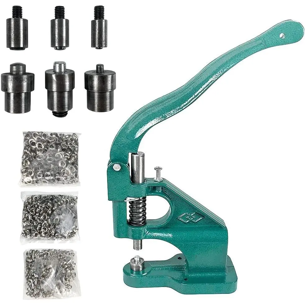Heavy Duty Cast Iron Hand Press Eyelet Grommet Machine Punch Tool Kit, Stable Metal Tool with 3 Dies, 1500 Silver Grommets for Shoes, Signs, Bags
