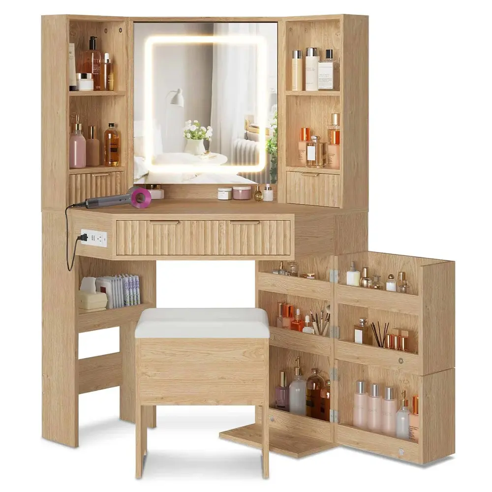 SIKAIC Corner Vanity Desk, Contemporary Dressing Table with LED-Integrated Mirror, Charging Station, Drawer-Style Makeup Vanities & Compartmentalized Mirror Cabinets for Modern Bedrooms,dorm essentials,home decor