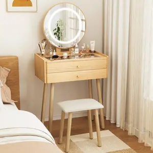 Small Wood Vanity Desk with Mirror & Lights Space-Saving Makeup Table with Drawers Adjustable Brightness Elegant Functional Vanity for Narrow Spaces