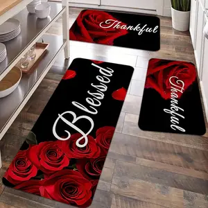 2/3pcs Valentine's Day Full and Bright Red Rose Pattern Printed Kitchen Carpet Set, Long Flannel Carpet, Home Kitchen Floor Mat, Suitable for Kitchen, Bedroom, Corridor, Doorway, Festival Decoration Mat, Floral Area Rug