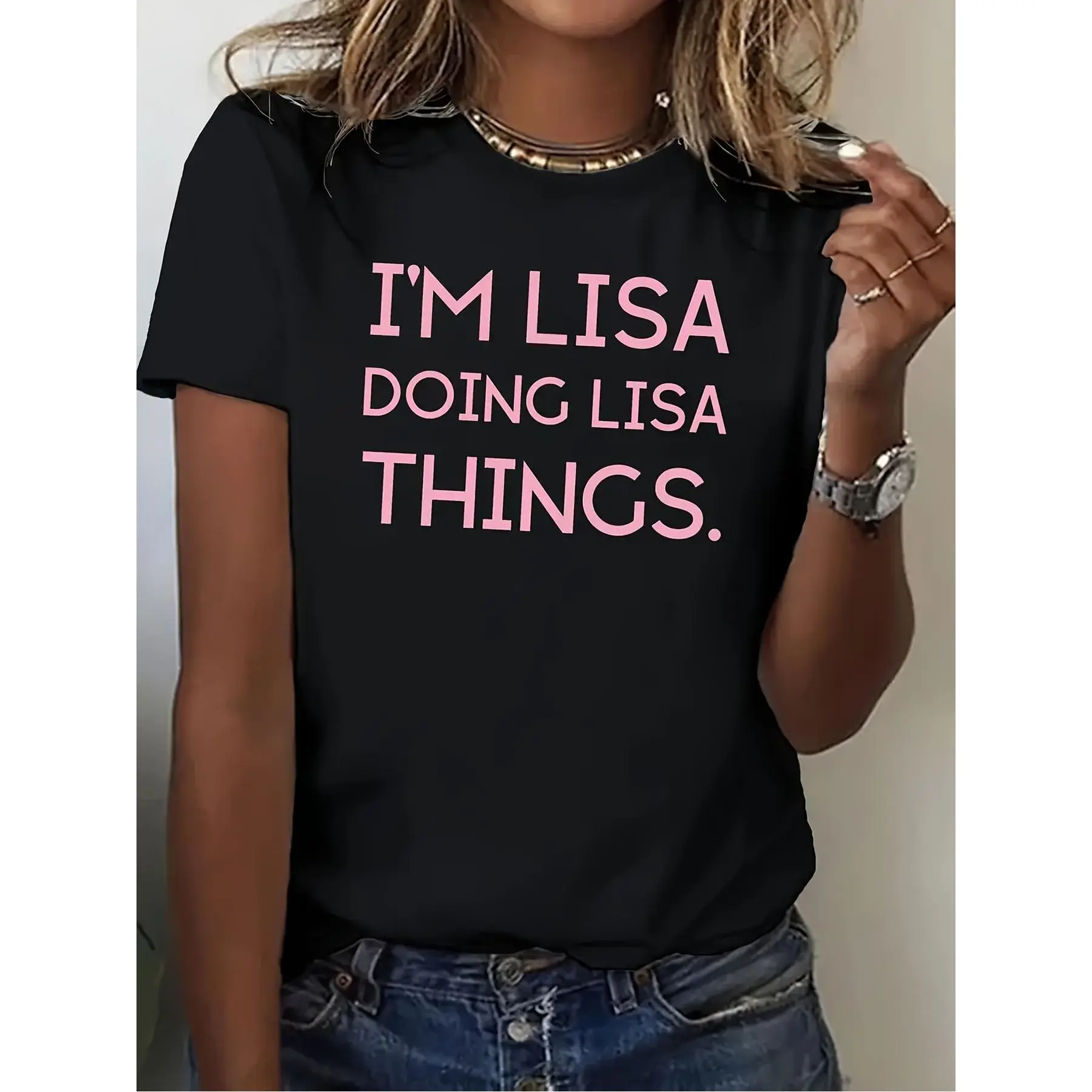 Women's 100% Cotton Short-Sleeve Round Neck Draped Cut Knitting Graphic Tshirt - "I'm Lisa, I do Lisa things" Black Top with Pink Text, Light Beige, Casual, Comfortable, Machine Washable