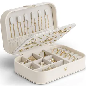 VLANDO Women's Classic Rectangle PU Leather Waterproof Portable Jewelry Box - Adjustable Small Organizer with Fitting Lid for Storing Rings, Necklaces, Bracelets, Earrings During Travel