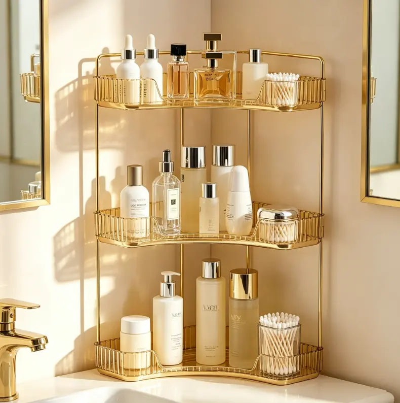 2-Tier & 3-Tier Corner Countertop Organizer, Clear Gold Bathroom Vanity Storage Rack for Skincare, Perfume, Cosmetics and Toiletries, Space-Saving Multi-Level Shelf for Bedroom, Kitchen, Dresser and Bathroom Counter
