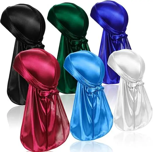 Durag Fashion Hair Scarves, 6 Pieces Unisex Silky Scarf Head Wrap Set with Long Tail and Wide Straps for Creating Waves, Silky Durags, Dry Clean