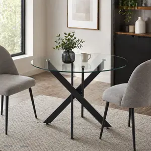 Black Square Glass Dining Table with Cross Metal Legs and Tempered Glass, Modern Space-Saving Indoor Kitchen Table for Living Room, Square Glass Table, Glass Top