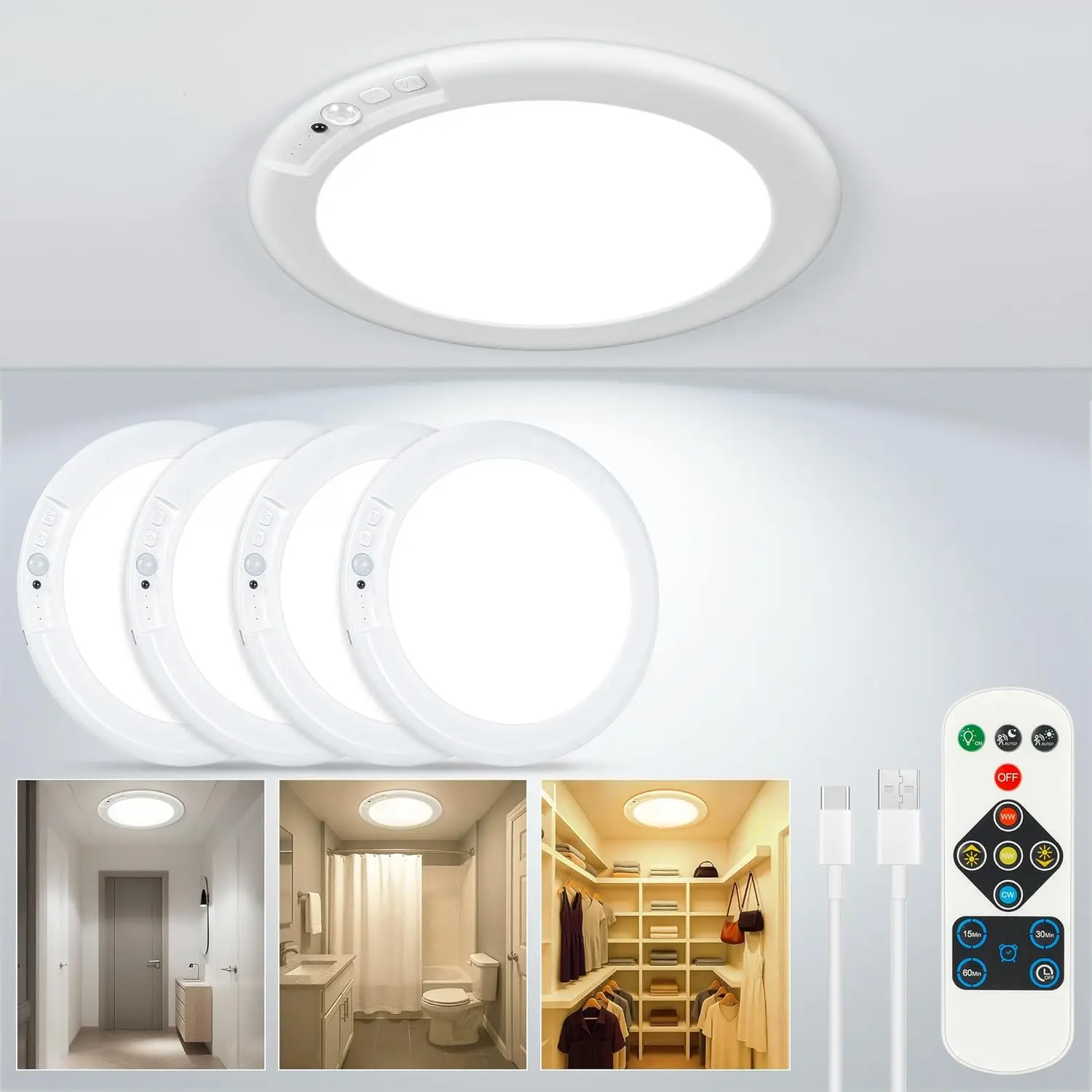 4 Pack Magnetic Motion Sensor Light, Rechargeable Under Cabinet Lighting, Wireless Stick-on Closet Light, No Wiring, 60-Day Battery Life, 3 Color Modes,for Basement, closet, garage, bathroom