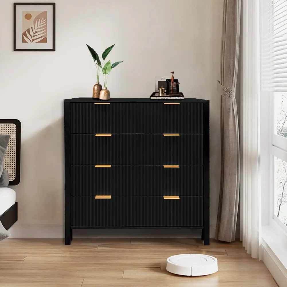 Gaomon 4-Drawer MDF Wood Dresser - Unique Bedroom Furniture, Stylish Wavy Style, Aluminium Handles, Fluted Panel, 25 lb Drawer Capacity, Aluminum Trim Storage Cabinet for Bedroom (Assembly Required, Storage Organization), Clothing Organization, Extended S
