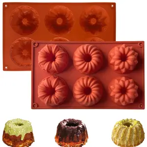 2PCS Mini Bundt Cake Silicone Pans, 6-Cavity Fluted Tube Cake Mold, Nonstick Baking Mold for Cupcake, Donut, Jelly, Brownie