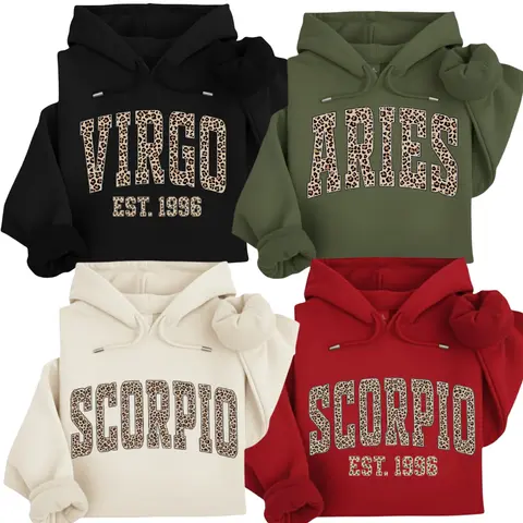 [LEAVE A NOTE OR NOT EST YEAR] Full 12 Minimalist Zodiac Hoodie – Astrology Sign “EST.” Year Sweatshirt for Men and Women, Minimalist Unisex Pullover, Perfect Horoscope Gift for Zodiac Lovers