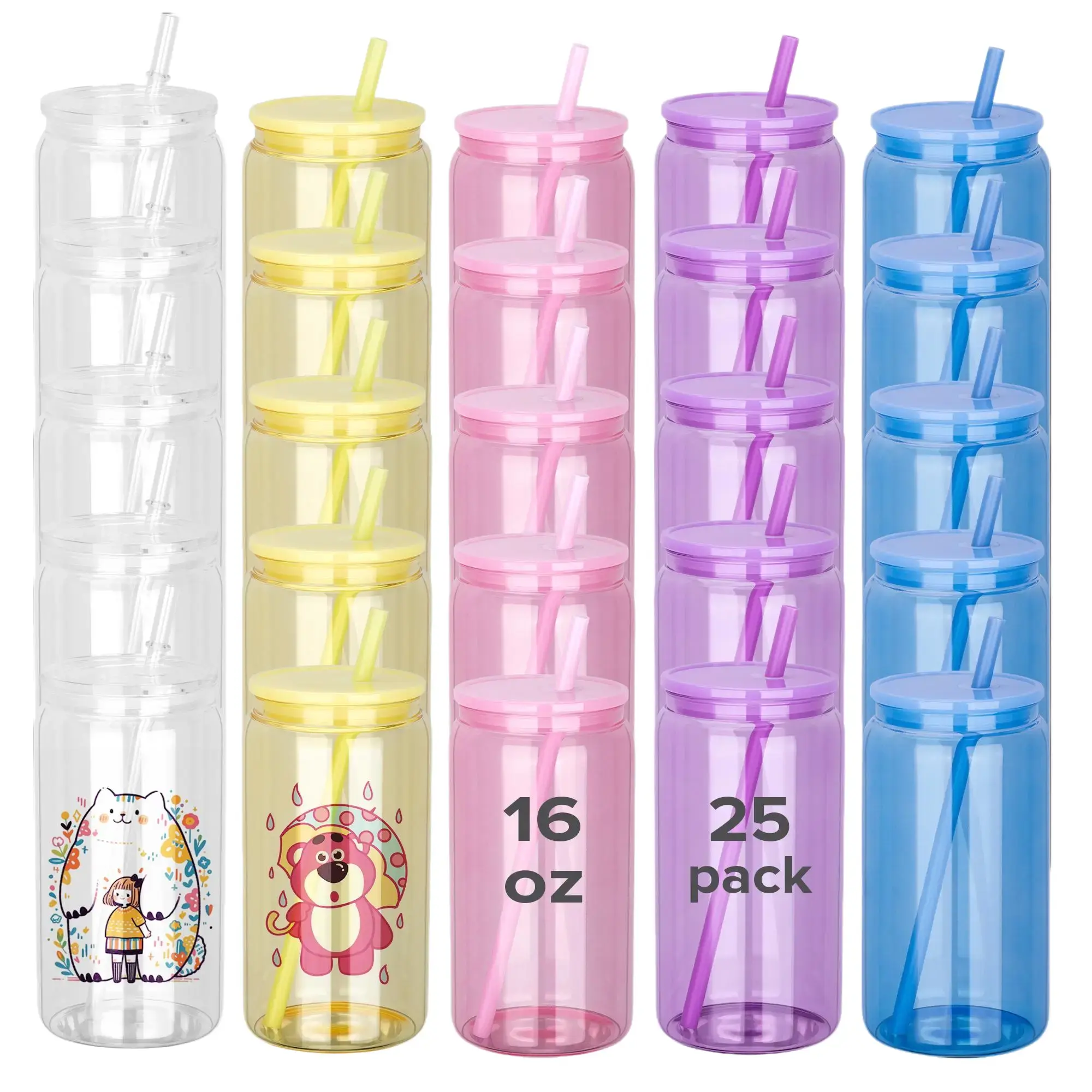 FASTSUB 25 Pack 16 oz Sublimation Colorful Glass Tumbler with Plastic Straw & Lid - Clear Glass Container for Water and Vinyl, Reusable Bottle - Portable, Bottled, Washable, Containers, Bottles, Water Bottles, Bamboo, Mug, Drinkware