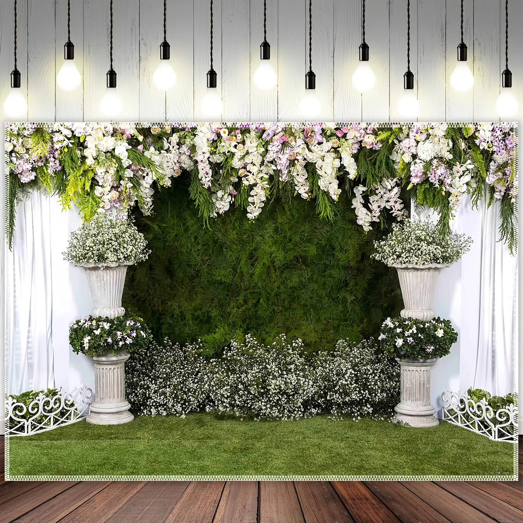 1Pc 10×8FT Foldable Polyester Floral Arch Photo Backdrop, 2D Printed Green Ivy Grass Field White Curtain Background for Wedding, Birthday & Gender Reveal Party Studio Decor