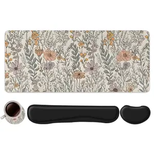 4pcs Vintage Floral Pattern Design Mouse Pad + Keyboard Wrist Rest + Ergonomic Mouse Pad + Coaster Set For Desktop Decoration, Office Accessories Set Desktop Accessory Ergonomic Wrist Support, Computer Mat Mouse Pad Coaster Suitable For Home Office Gaming