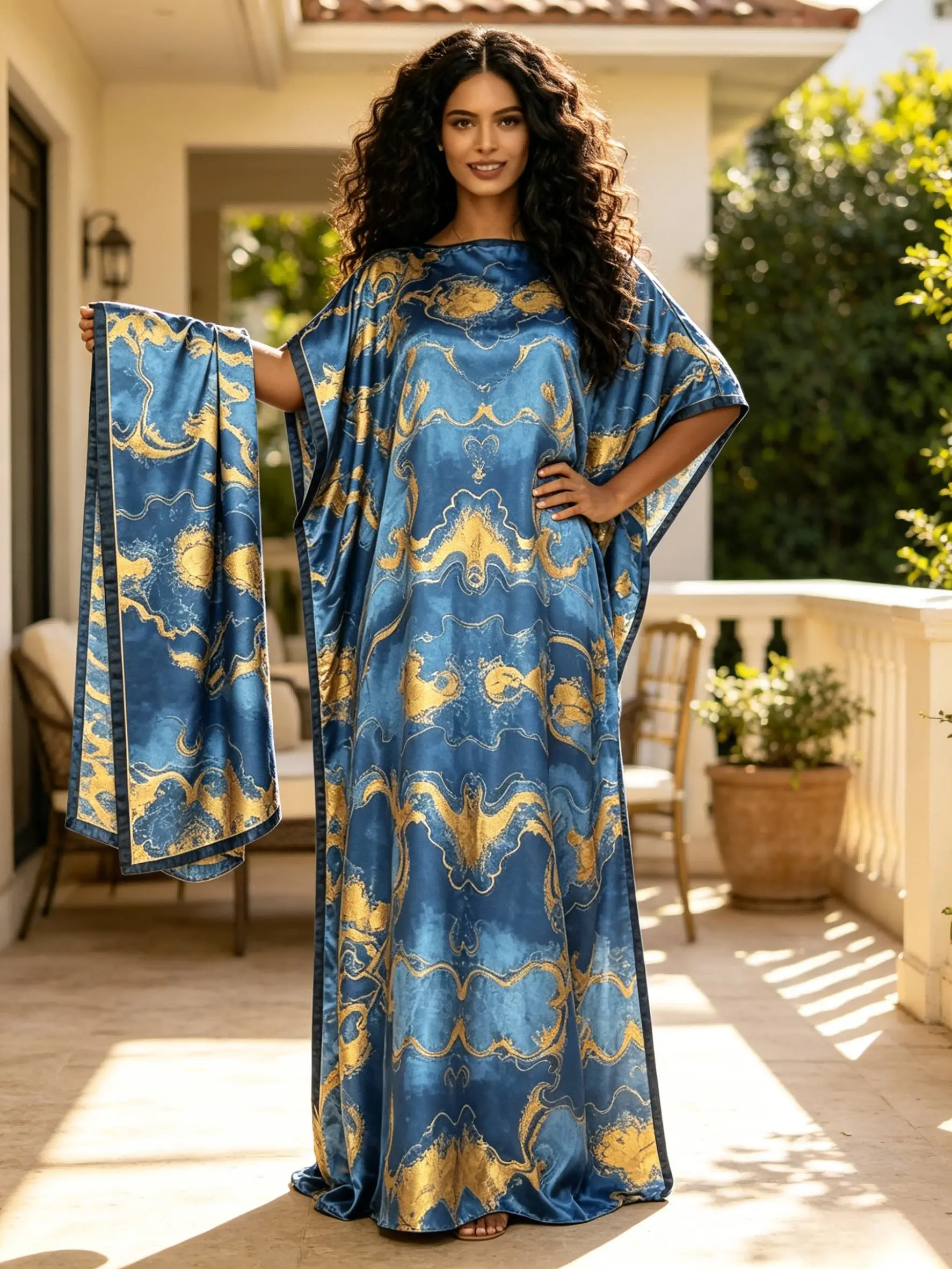 1 Robe+1 Scarf Royal Blue Gold Geometric Marble Pattern Printed Robe Set Large Ship Collar Loose Flesh Concealing Long Dress+Scarf Light Luxury Casual, Boho Styles Fashion, Boho Bohemian Vacation Style Long Dress Vacation/Daily Slimming Two Piece Set