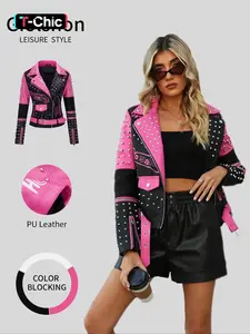 Women's Casual Fitted Jacket with Belt, All-Season PU Fabric, Zipper Closure, Pockets, Vintage Aesthetic Style Motorcycle Coat Outerwear