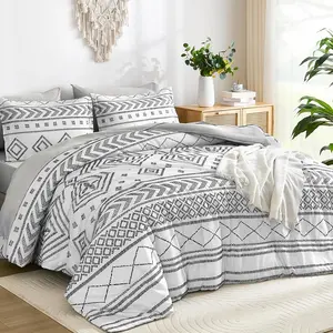 White Comforter Set Queen Size, 7 Piece Boho Aztec Bedding Set, Bohemian Bed in a Bag Queen, Soft Microfiber Striped Complete Bedding Set with Sheets for All Season