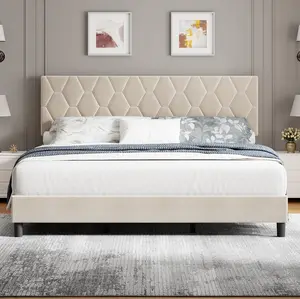 【Christmas Gift】Beige King Bed Frame with Upholstered Headboard, Upholstered Bed Frame, Heavy-Duty Platform Bed Frame with Strong Wood Slats, No Box Spring Needed/Noise Free/Easy Assembly Bedframe