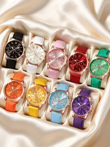 Stylish 9-piece watch set, unisex quartz movement, zinc alloy round case, synthetic leather bracelet, none, mixed colors, Casual Trendy Wristwatch, Analog Quartz Watch, Quartz Analog Watches