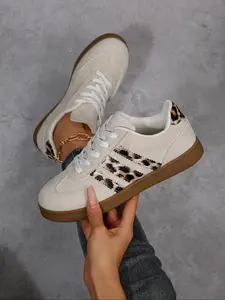 Leopard Patchwork Women's Casual Sneakers, Vintage with Animal Print, Lace-Up Design, Comfortable and Stylish, All Seasons, Sports Shoes