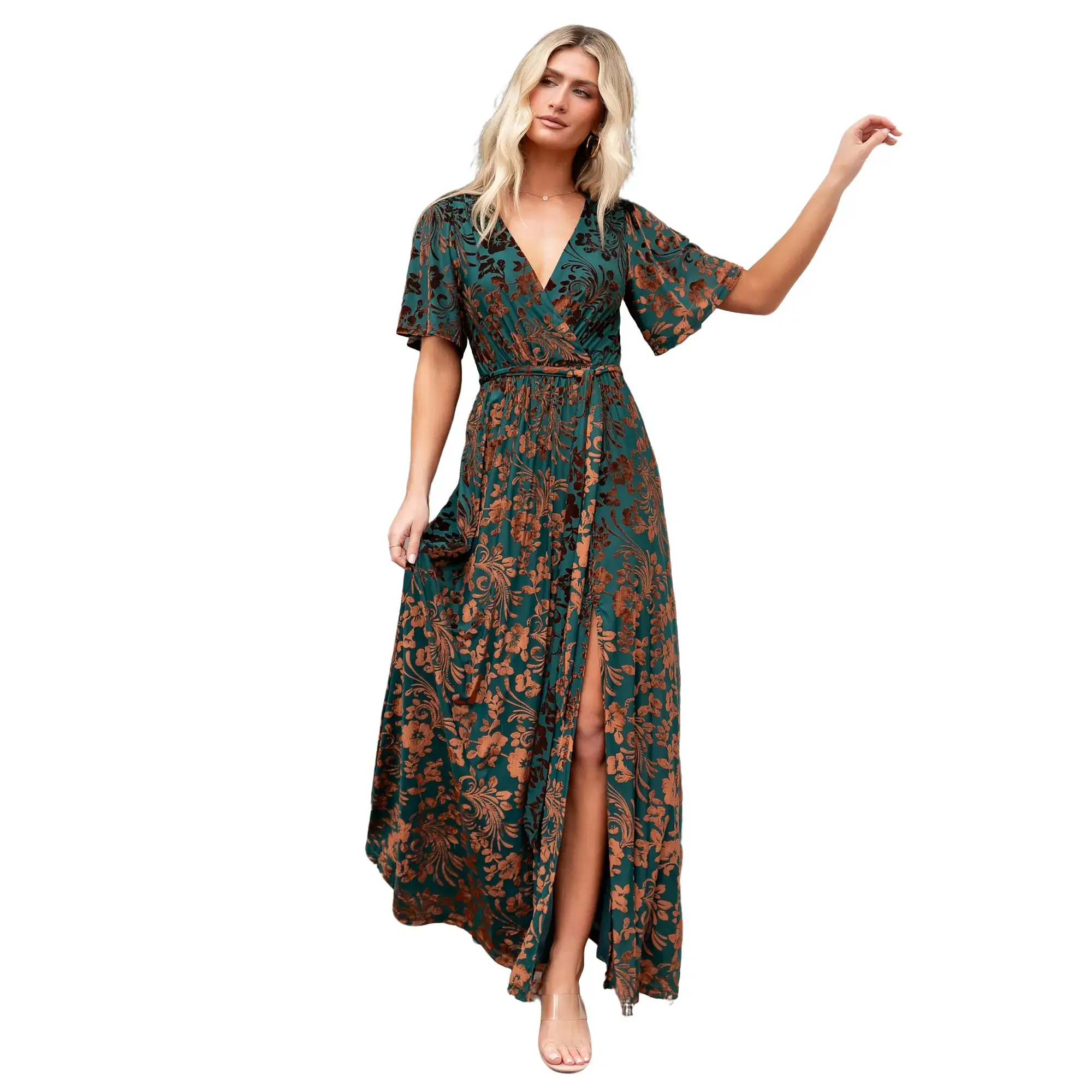 Women's Casual Short-Sleeve Polyester Elastic Velvet Maxi Dress - Bronze Floral Art, Jade-Bronze Print, Mesh Floral Detail, Skirt-Inspired Style, Shortsleeve