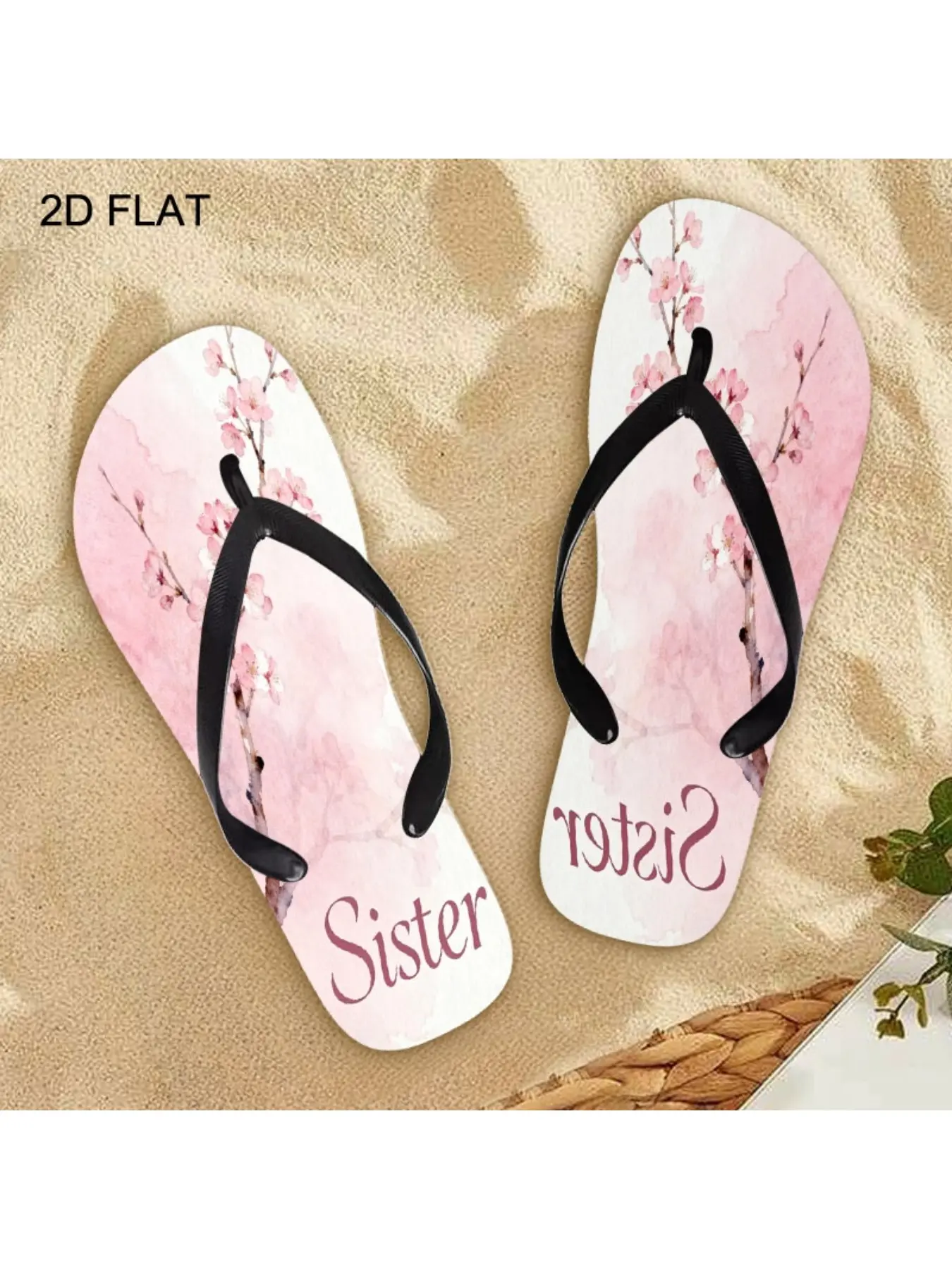 2026 Summer New Women's Flip Flops, Open Toe, Minimalist Style, Flat Heel, Multiple Colors & Sizes Available, Dry Clean, All - Season Use, Cherry Blossom & "Sister" Design, Ideal for Mother's Day, Easter, Holiday Gifting, Women Shoes