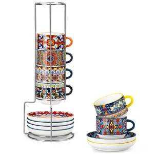vancasso Stackable Espresso Cups Set of 6 with Metal Stand, Boho Style Ceramic Cappuccino, Espresso & Tea Cups, Space-Saving Design, Microwave & Dishwasher Safe, Ideal for Coffee & Tea Bar, Home Use
