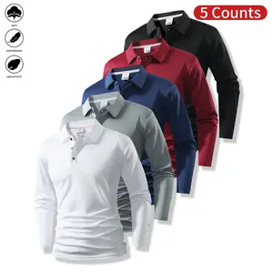 5PCS Men’s Soft Long Sleeve Polos – Solid Design & Skin-Affinity, Comfortable Fabric, TikTok Popular, Ideal for Casual Fall Outfits & Gifts for Him collar cuff design everyday commute