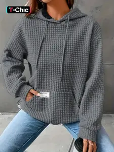 Women's Letter Patched Waffle Textured Drop Shoulder Core Hoodie Pullover, Fashion Casual Long Sleeve Drawstring Pocket Hooded Sweatshirt for Daily Holiday Outdoor Wear, Women Clothing, Womenswear, Tops for Fall & Winter