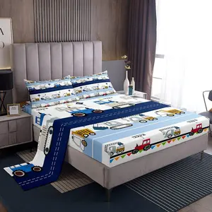 Feelyou Boys Construction Theme Bedsheet Set - Blue White Bedding Set with Cartoon Construction Vehicles, Excavators, Tractors and Equipment Trucks, Bedsheet Sets