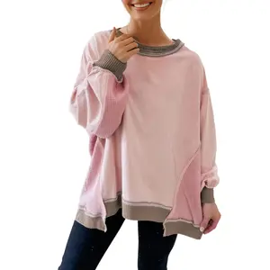 Asvivid Women Color Block Tops Waffle Patchwork Oversized Sweatshirt-Mix Texture Casual Loose Pullover