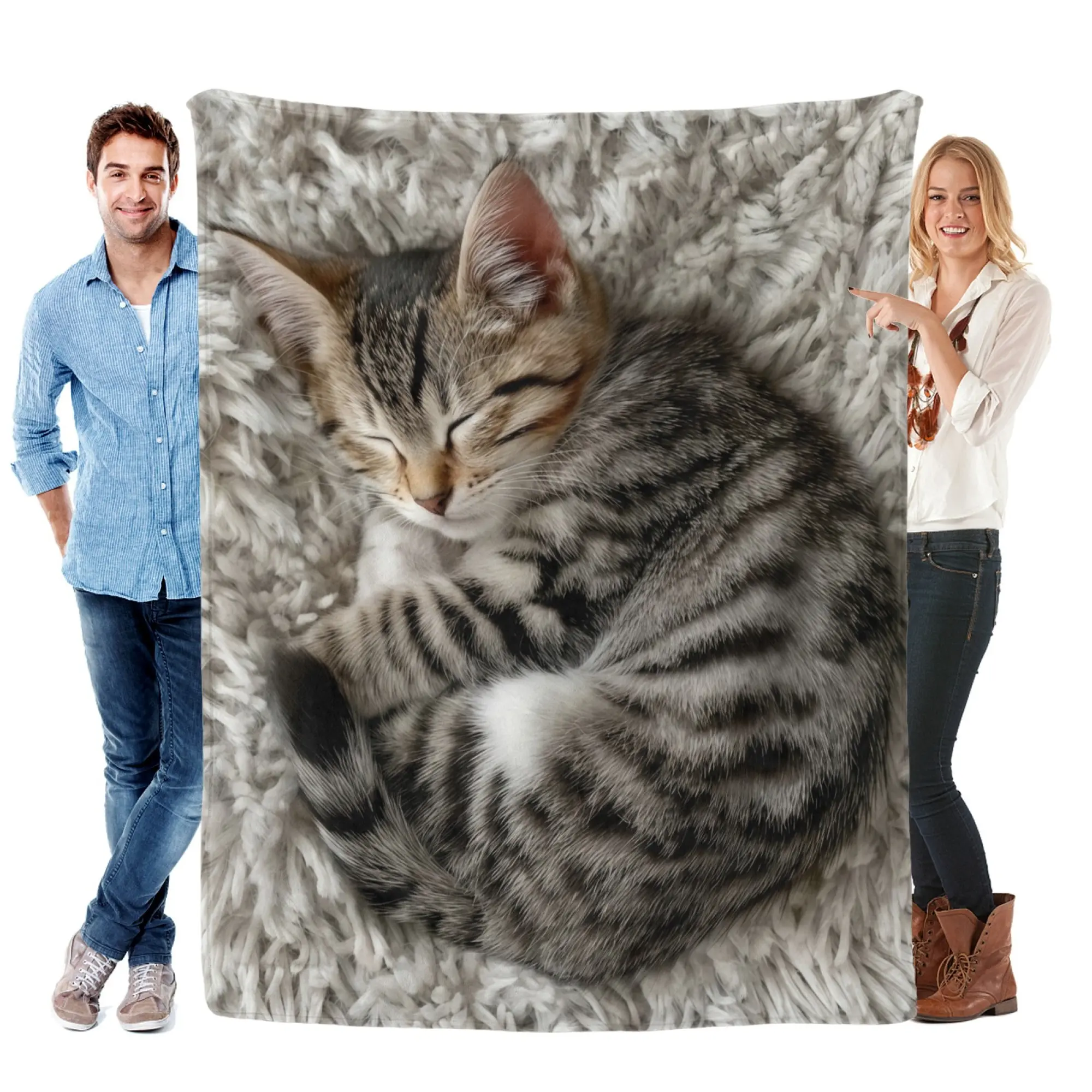 Realistic Sleeping Tabby Kitten Flannel Throw Blanket, Ultra Soft Warm Fuzzy Plush Blanket for Couch Bed Sofa, All Season Cozy, Ideal Gift for Cat Lovers Pet Fans Kids Bedroom Home Decor