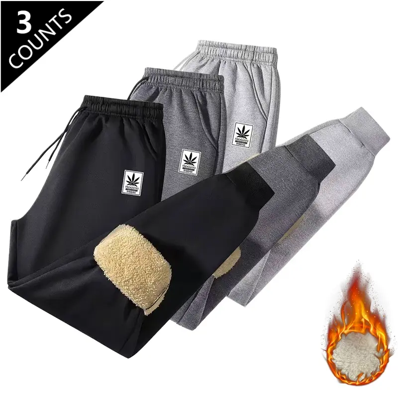 LIFE KEEPS MOVING 3-Pack Men’s Fleece Joggers for Fall/Winter, Thickened Design, Solid Color, Elastic Waist with Drawstring, Casual Pants with Pockets, Loose Fit, Warm Leisure Sports Long Pants for Men—workouts, hiking, gym, and jogging