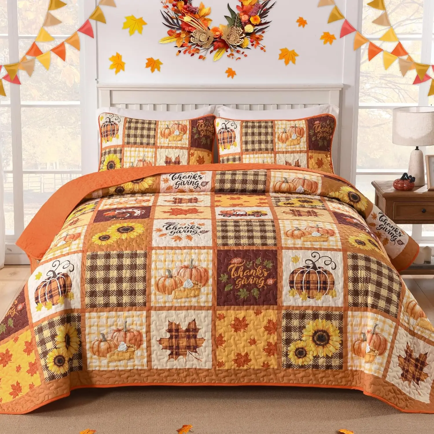 Cozy 3-Piece Reversible Synthetic Durable Patchwork Quilt Bedding Set - Includes 2 Pillows, Pumpkin, Maple Leaves & Sunflower Prints, Ideal for Thanksgiving Gifts