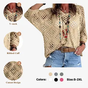 Fisoew Women's Bohemian-Inspired Beige Crochet Top with V-Neck #Springtok #TikTokShopJumpstartSale Casual Chic